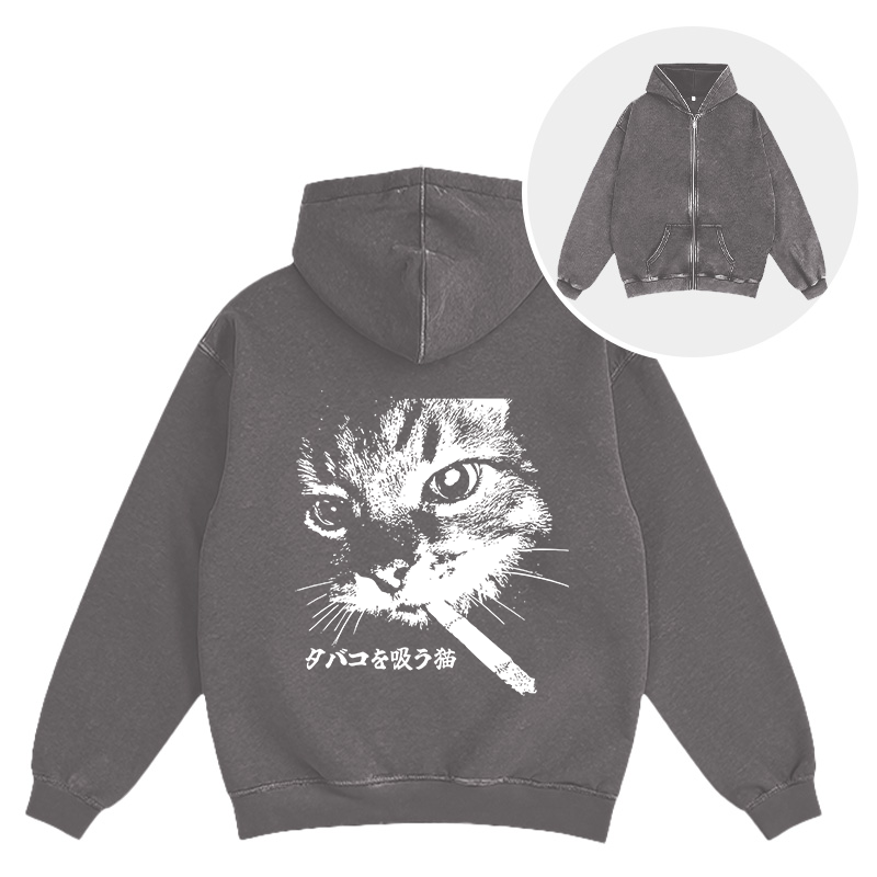 Tokyocanvas Retro Cat Smoking Washed Zip Hoodie