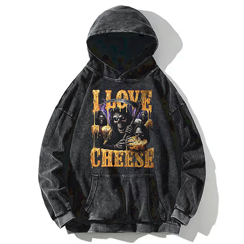 Tokyocanvas Skeleton Cheese Funny Gothic Meme Washed Hoodie
