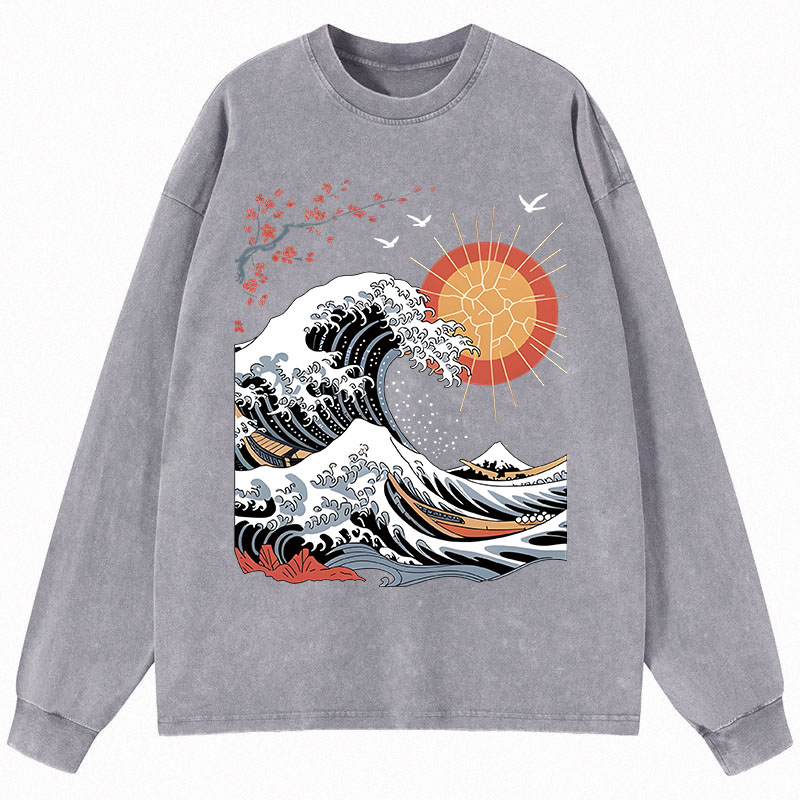 Tokyocanvas Ocean Sun Cherry Blossom Long Sleeve Washed T-Shirt
