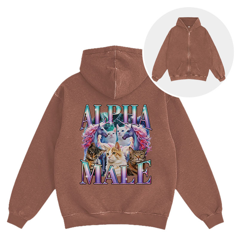 Tokyocanvas Alpha Male Unicorn Cat Washed Zip Hoodie