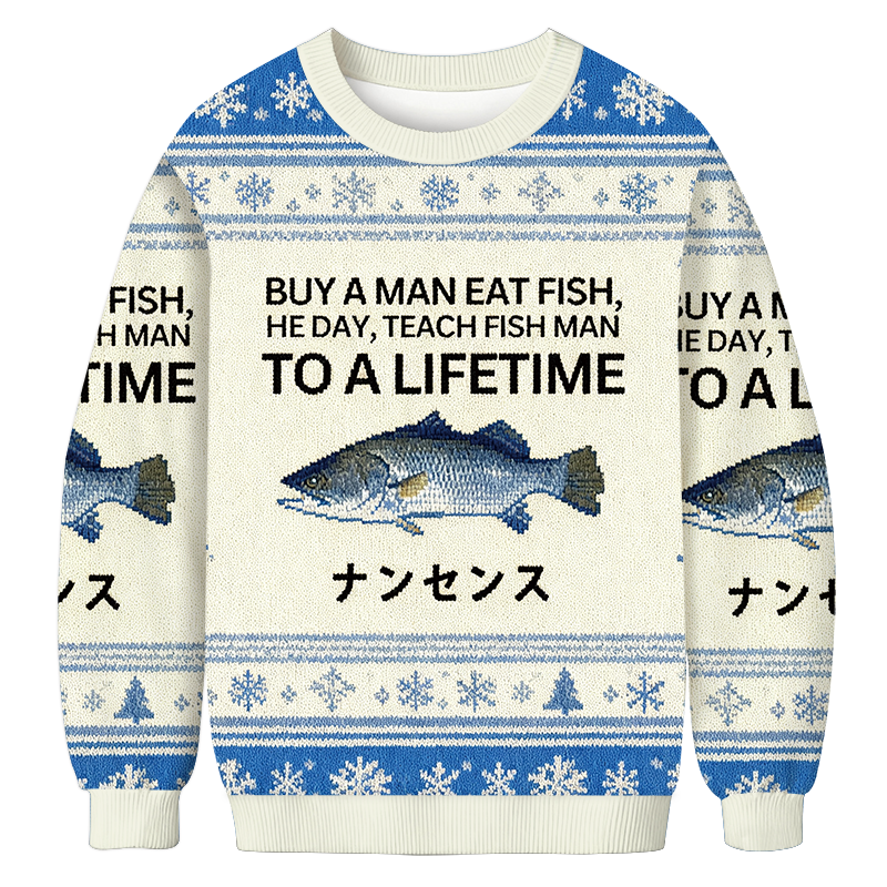 Tokyocanvas Buy a Man Eat Fish Christmas Ugly Sweatshirt