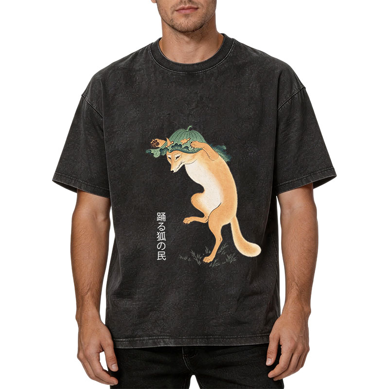 Tokyocanvas Dancing Fox Folk Woodblock Art Washed T-Shirt
