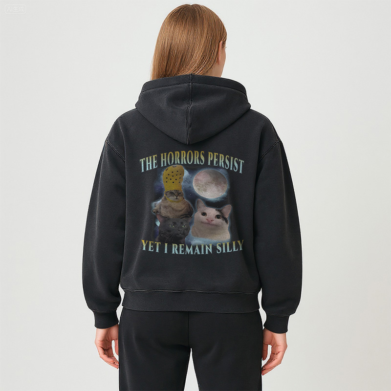 Tokyocanvas The Horrors Persist Yet I Remain Silly Cat Washed Zip Hoodie