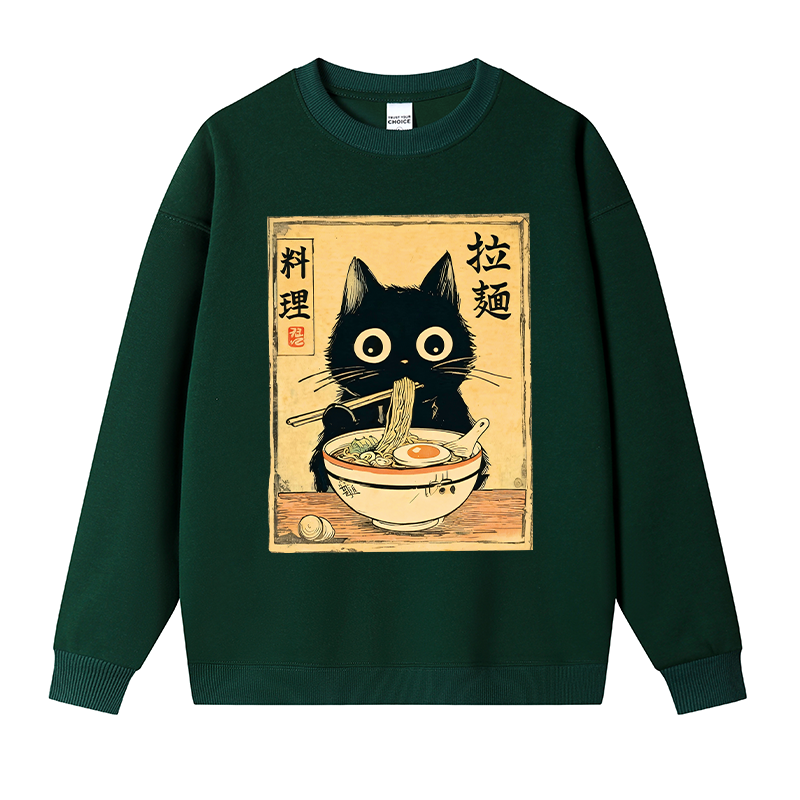 Tokyocanvas Cute Black Cat Eating Ramen Fleece Lined Sweatshirt