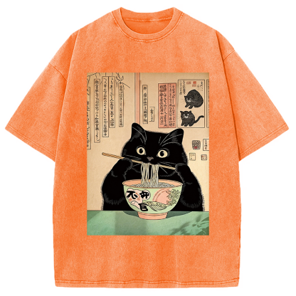 Tokyocanvas Black Cat Eating Noodles Washed T-Shirt