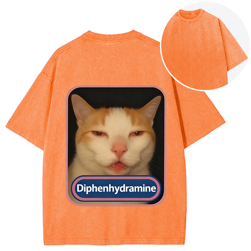 Tokyocanvas Pink Diphenhydramine Meme Cat Back Washed T-Shirt