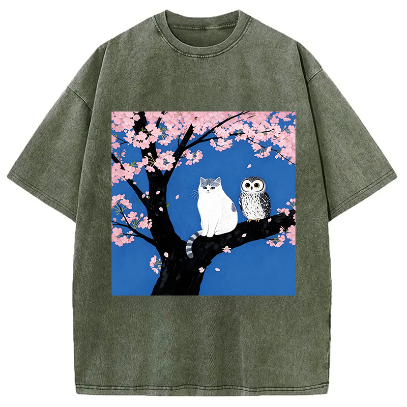 Tokyocanvas Cat And Owl Under Sakura Washed T-Shirt