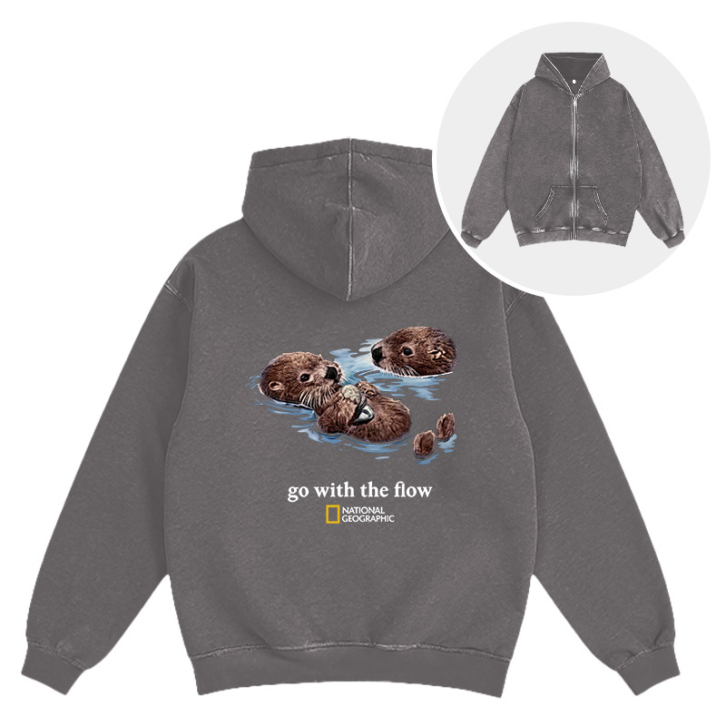 Tokyocanvas Go With The Flow Otters Washed Zip Hoodie
