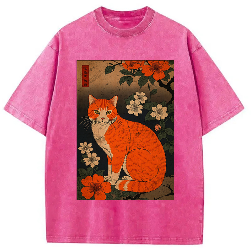 Tokyocanvas Orange Cat Japanese Art Washed T-Shirt
