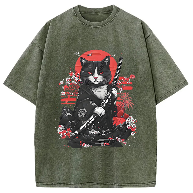 Tokyocanvas Samurai Cat Washed T-Shirt