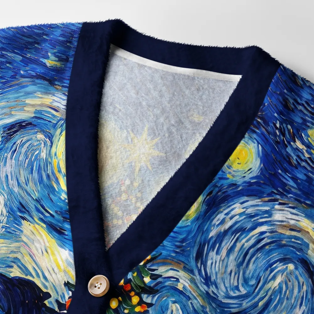 Tokyocanvas Starry Christmas Night Snowman Fuzzy Ugly Cardigan Sweatshirt