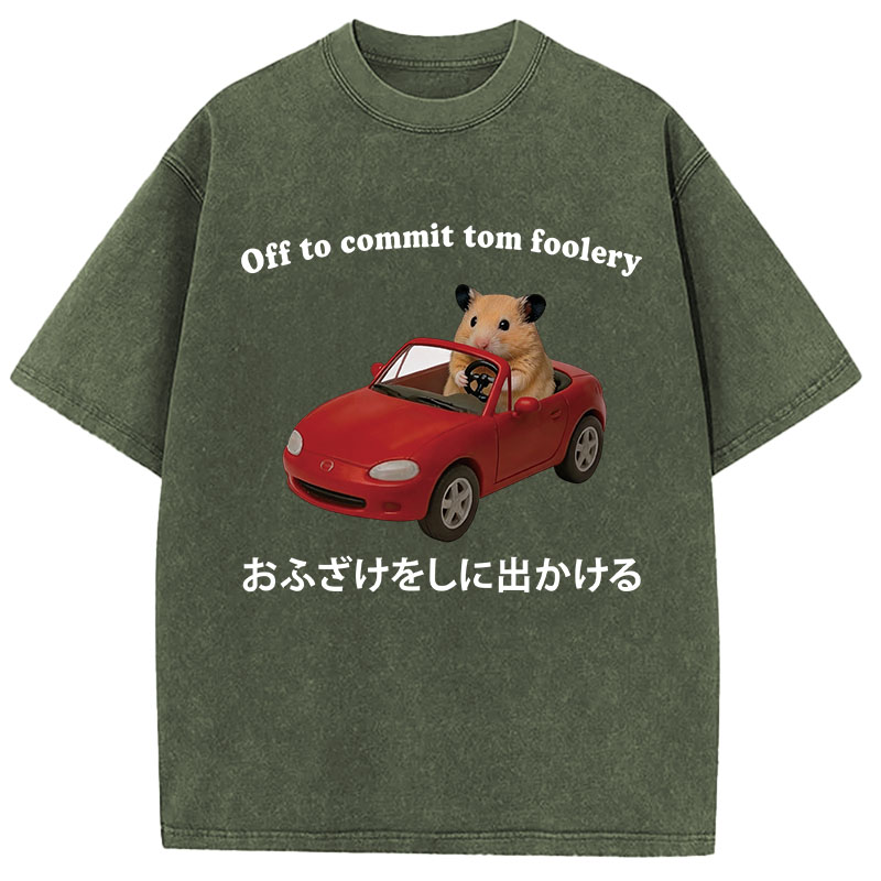 Tokyocanvas Off to Commit Tom Foolery Hamster Funny Washed T-Shirt