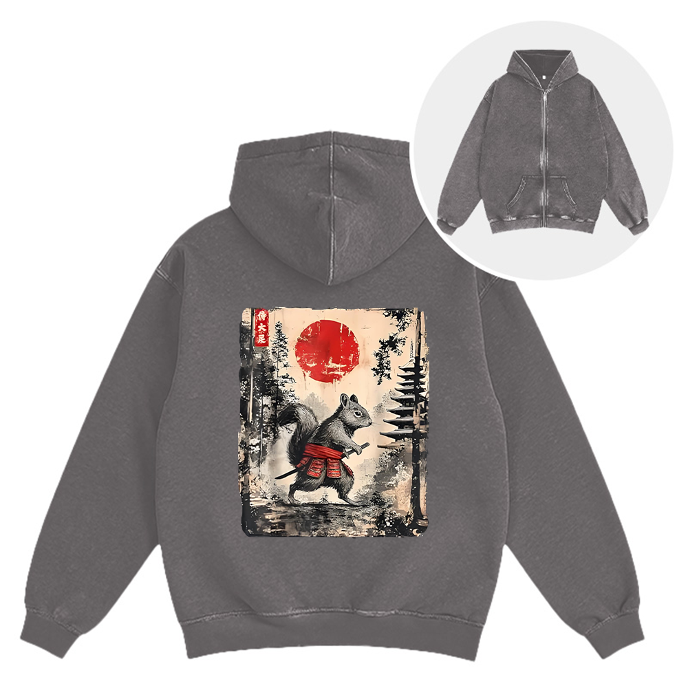 Tokyocanvas Samurai Squirrel Japanese Vintage Washed Zip Hoodie