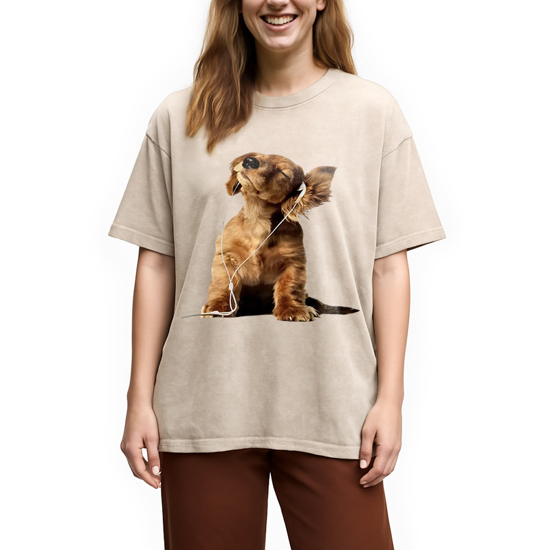 Tokyocanvas Dog Listening to Music Washed T-Shirt