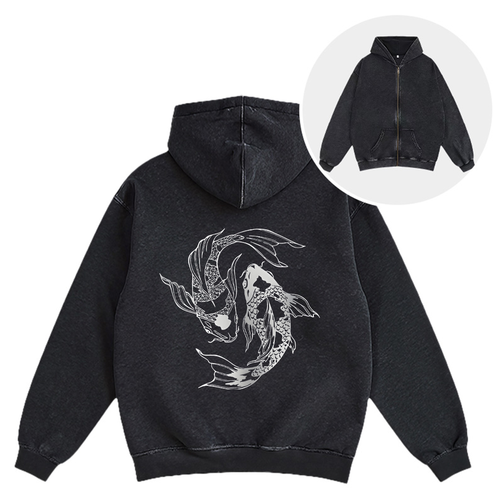 Tokyocanvas Japanese Streetwear Koi Fish Washed Zip Hoodie