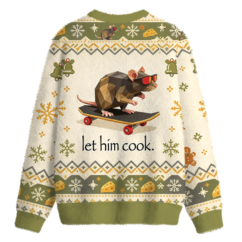 Tokyocanvas Rat Skateboard Cook Fuzzy Christmas Ugly Sweatshirt
