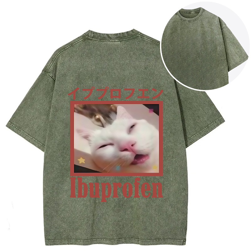Tokyocanvas Ibuprofen Meme Cat Back Washed T-Shirt