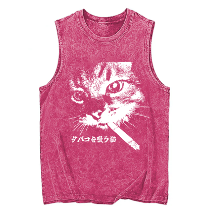 Tokyocanvas Retro Cat Smoking Washed Tank