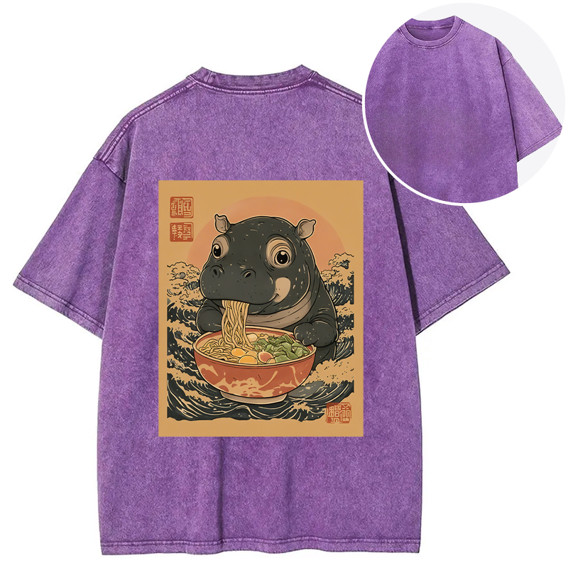 Tokyocanvas Moo Deng Eat Ramen Back Washed T-Shirt