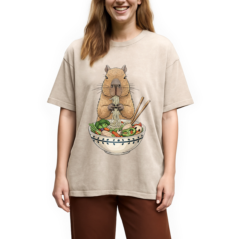 Tokyocanvas Funny Capybara Eating Ramen Washed T-Shirt