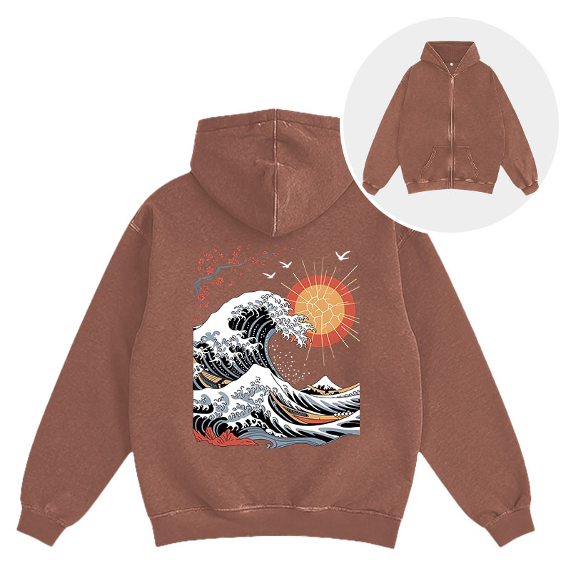 Tokyocanvas Ocean Sun Cherry Blossom Washed Zip Hoodie