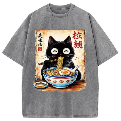 Tokyocanvas Cute Cat Slurping Ramen Washed T-Shirt