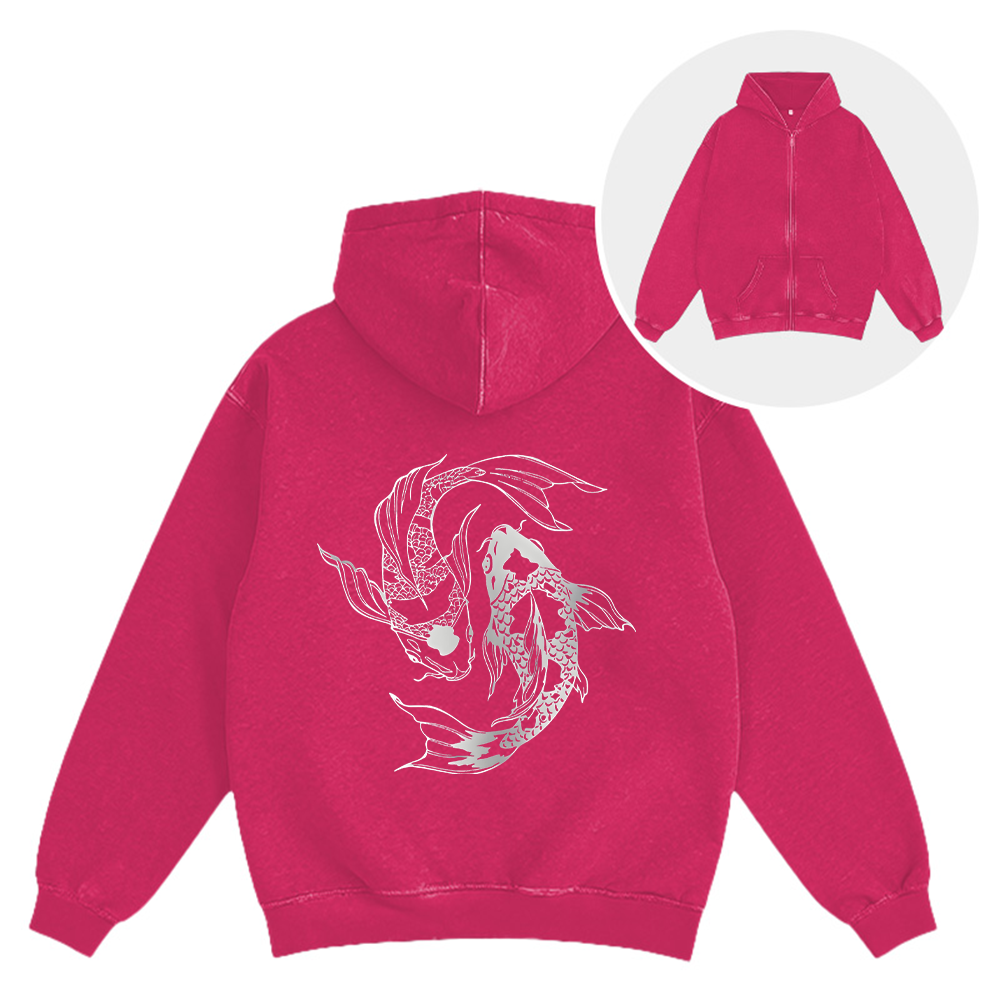 Tokyocanvas Japanese Streetwear Koi Fish Washed Zip Hoodie