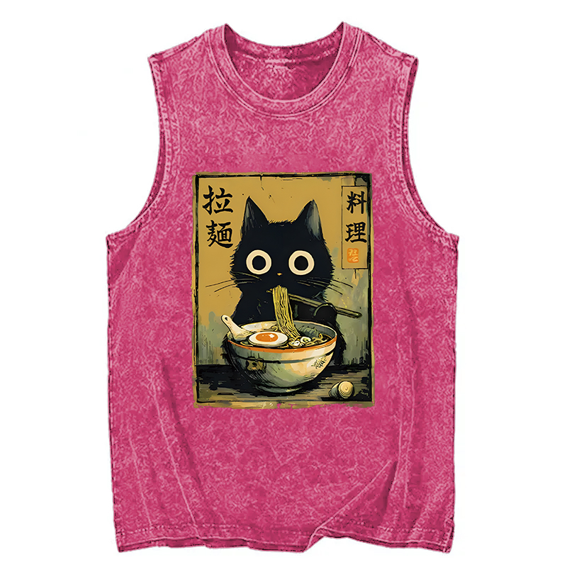 Tokyocanvas Cute Black Cat Eating Ramen Washed Tank