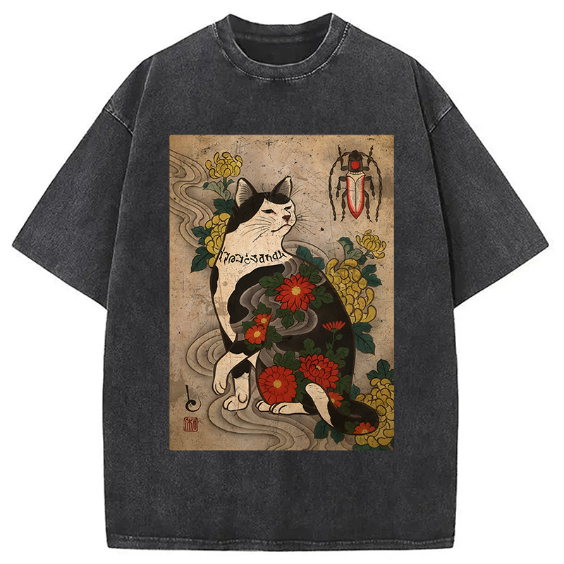 Tokyocanvas Cat Tattoo Floral Washed T-Shirt