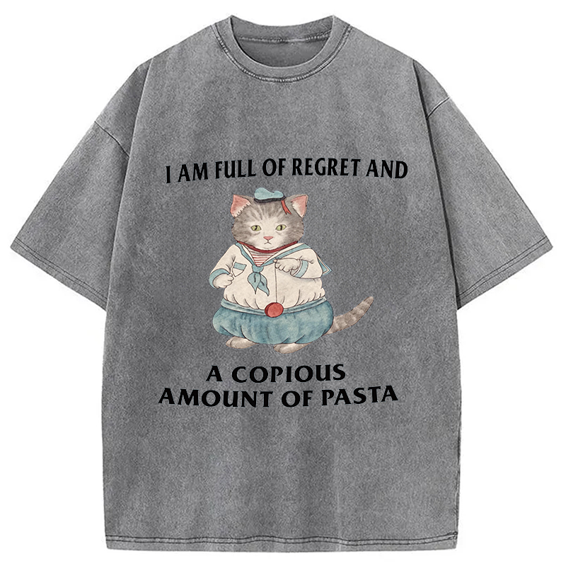 Tokyocanvas I Am Full Of Regret And A Copious Amount Of Pasta Cats Meme Washed T-Shirt
