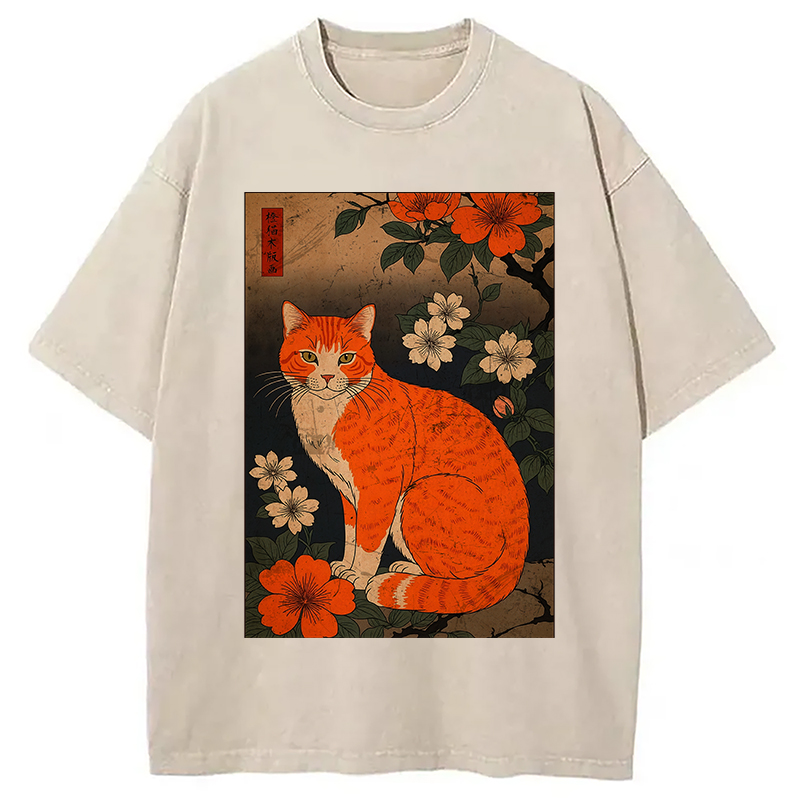 Tokyocanvas Orange Cat Japanese Art Washed T-Shirt