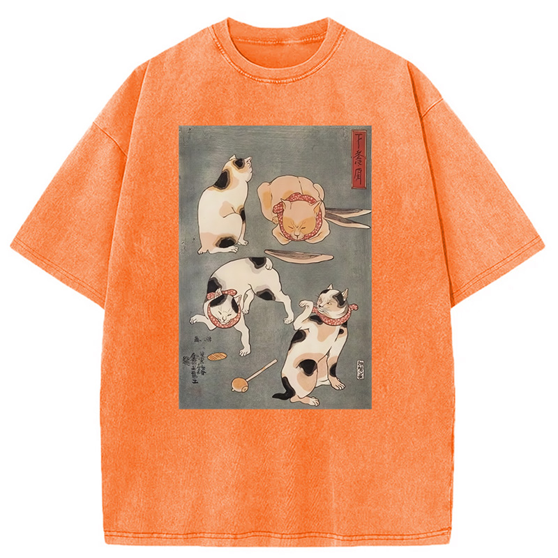 Tokyocanvas Japanese Four Cats Ukiyo-e Washed T-Shirt