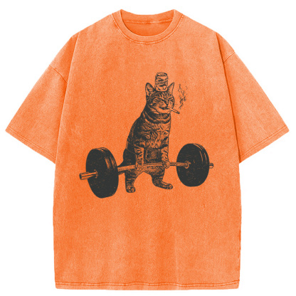 Tokyocanvas Funny Deadlift Cat Washed T-Shirt