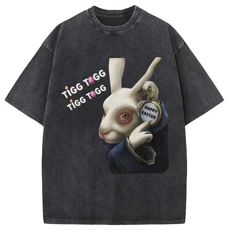 Tokyocanvas Tick Tock Funny Easter Bunny Washed T-Shirt
