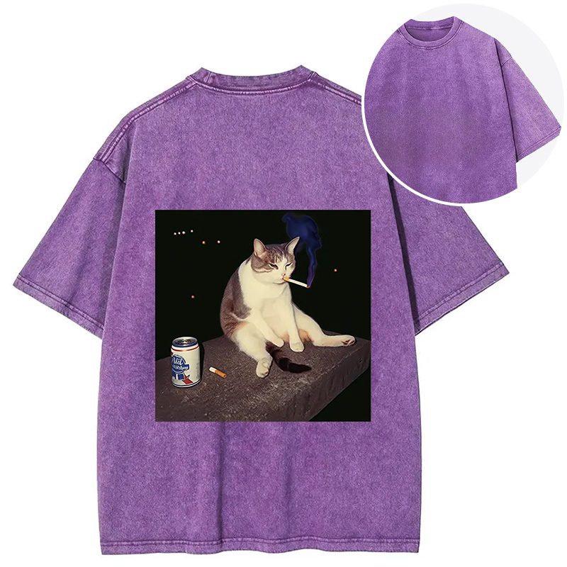 Tokyocanvas Cigarette Kitten Funny Smoking Cat Meme Back Washed T-Shirt