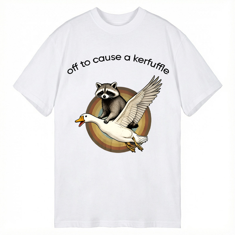 Tokyocanvas Off To Cause A Kerfuffle Funny Raccoon Riding Silly Goose Classic T-Shirt