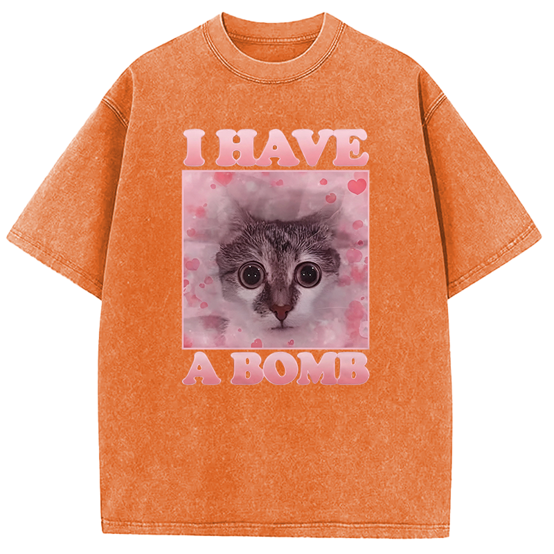 Tokyocanvas I Have a Bomb Funny Cat Dank Meme Washed T-Shirt