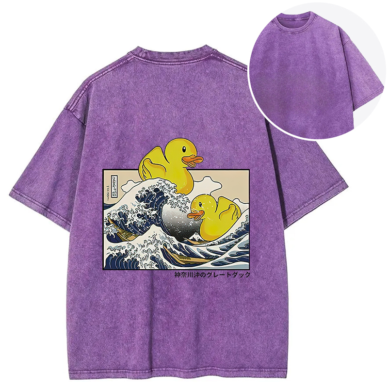Tokyocanvas Ukiyoe Waves And Cute Yellow Duck Back Washed T-Shirt