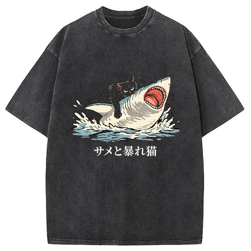 Tokyocanvas Fat Cat Vs Shark Washed T-Shirt
