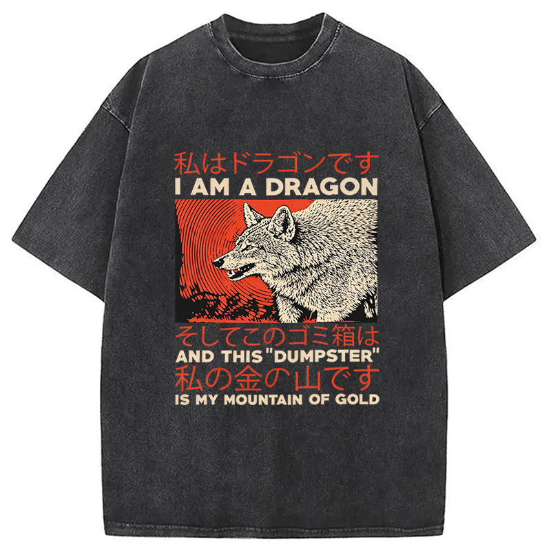 Tokyocanvas I Am A Dragon Coyote Raccoon Trash Graphic Washed T-Shirt