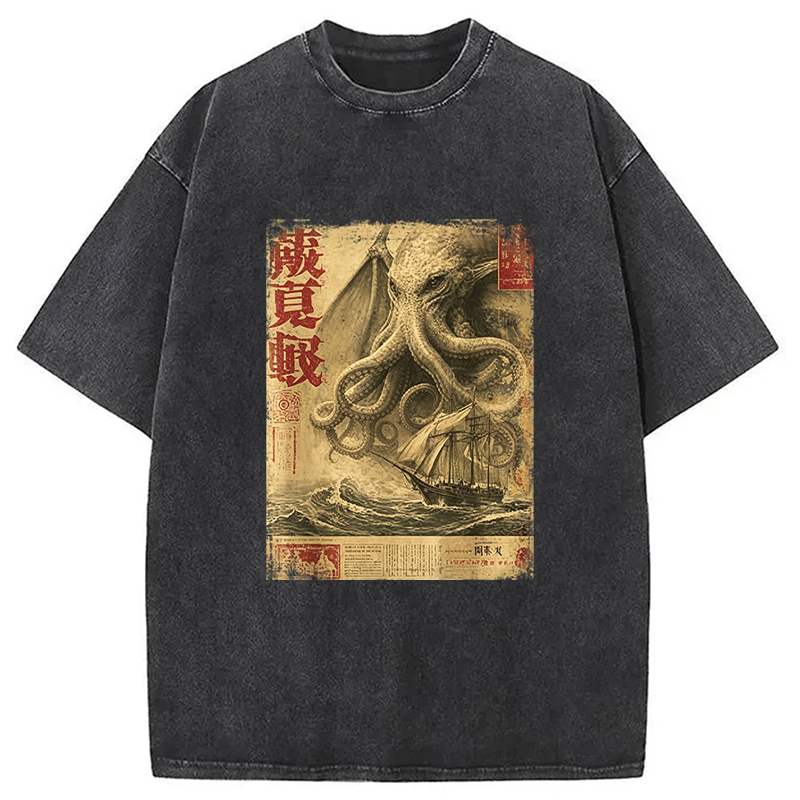 Tokyocanvas Cthulhu Kraken Vintage Japanese Sea Monster Newspaper Washed T-Shirt