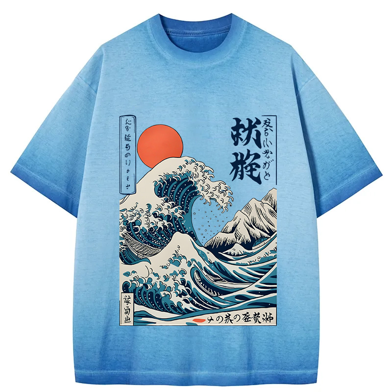 Tokyocanvas Ukiyo-e Ocean Waves Japan Gradient Washed T-Shirt