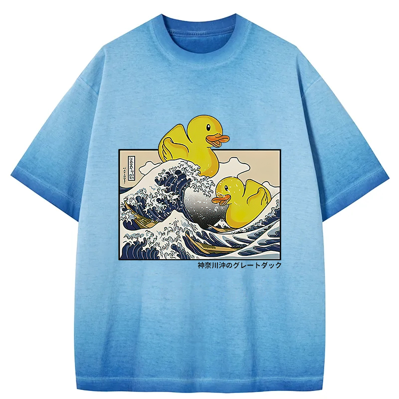 Tokyocanvas Ukiyoe Waves And Cute Yellow Duck Gradient Washed T-Shirt