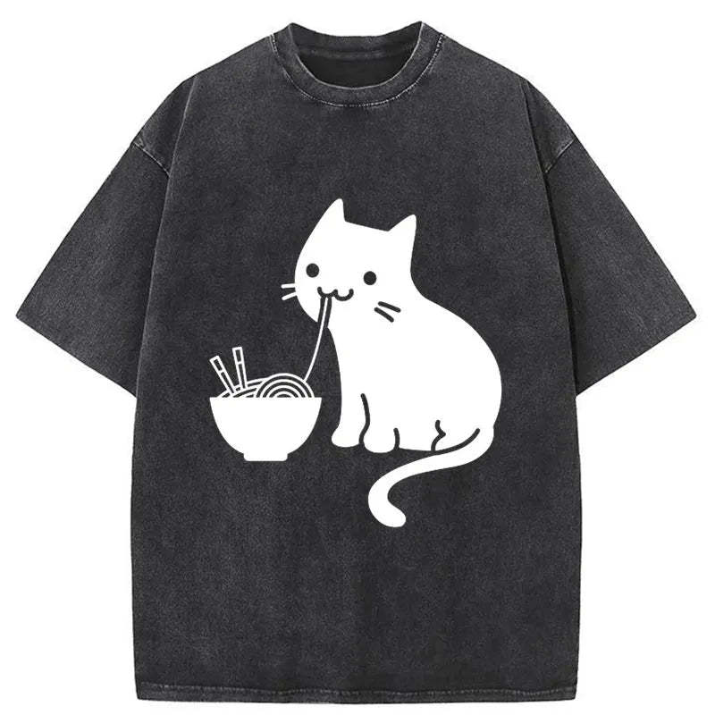 Tokyocanvas Cat Eating Ramen Japan Washed T-Shirt