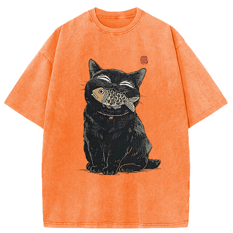 Tokyocanvas Happy Black Cat Washed T-Shirt