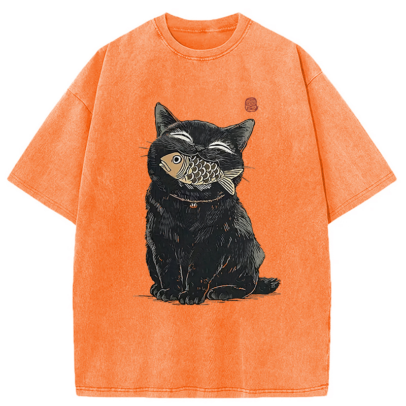 Tokyocanvas Happy Black Cat Washed T-Shirt