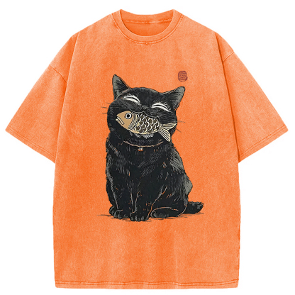Tokyocanvas Happy Black Cat Washed T-Shirt