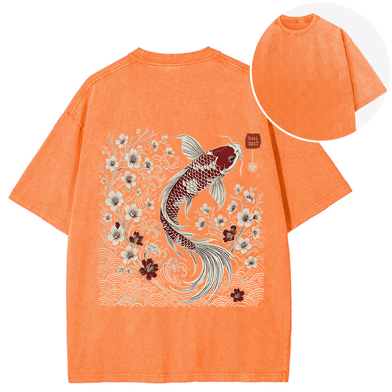 Tokyocanvas Vintage Sakura And Koi Back Washed T-Shirt