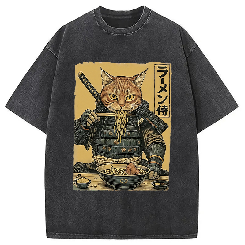 Tokyocanvas Cat General Eating Ramen Washed T-Shirt