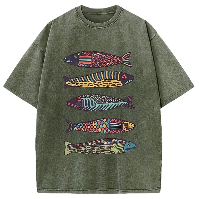 Tokyocanvas Colourful Schools Of Fish Washed T-Shirt